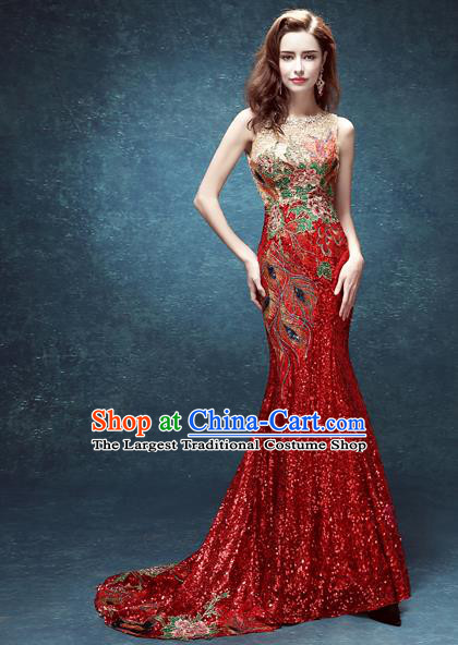 Top Grade Compere Red Mullet Formal Dress Catwalks Evening Dress for Women