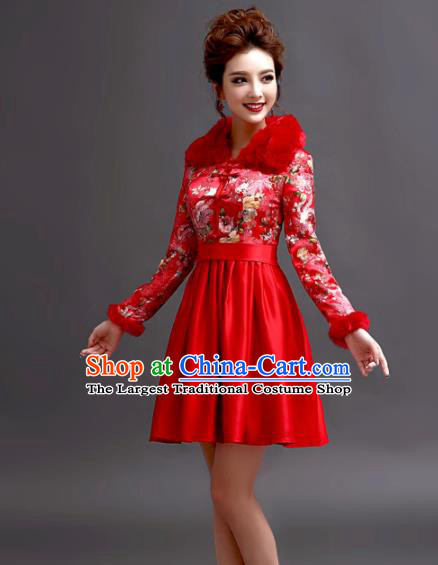 Chinese Traditional Wedding Full Dress Bride Red Tang Suit Cheongsam for Women