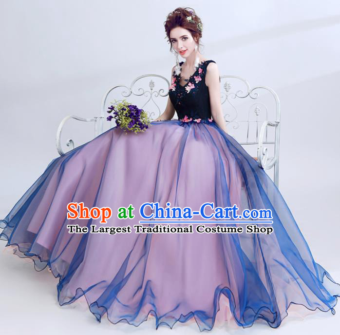 Top Grade Purple Veil Evening Dress Compere Costume Handmade Catwalks Angel Full Dress for Women