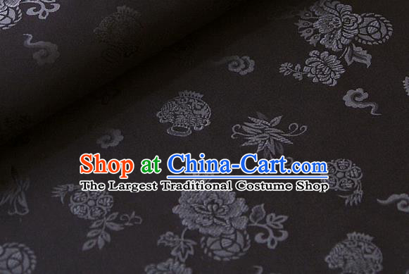 Asian Korean Classical Black Brocade Traditional Palace Peony Pattern Satin Fabric Silk Fabric Material