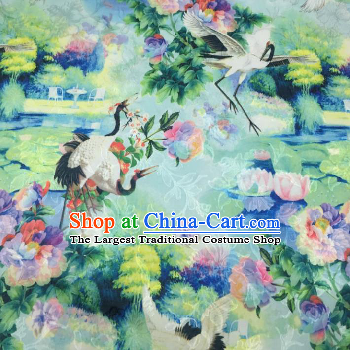 Chinese Traditional Apparel Fabric Green Printing Cranes Brocade Classical Pattern Design Silk Material Satin Drapery