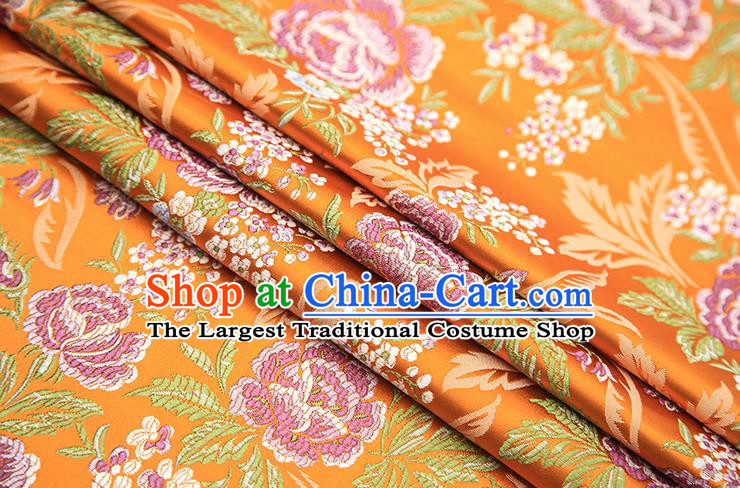 Chinese Traditional Bride Apparel Fabric Orange Brocade Classical Peony Pattern Design Material Satin Drapery