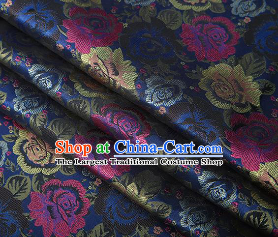 Chinese Traditional Jacquard Fabric Qipao Dress Navy Brocade Classical Roses Pattern Design Satin Material Drapery