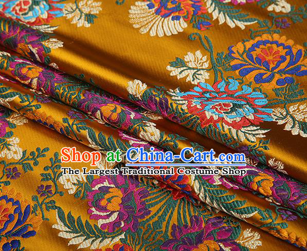Top Grade Chinese Traditional Golden Satin Fabric Tang Suit Brocade Classical Embroidery Flower Pattern Design Material Drapery
