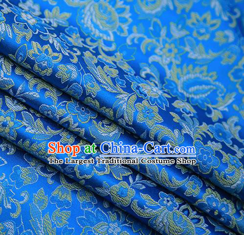 Chinese Traditional Apparel Blue Brocade Fabric Classical Flowers Pattern Design Material Satin Drapery