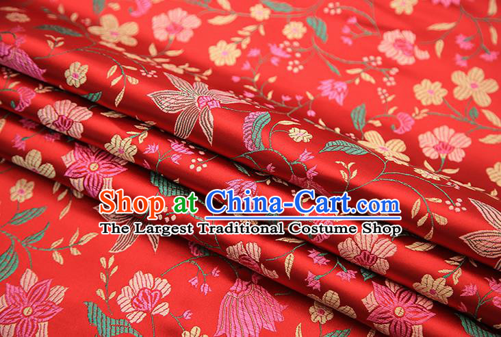 Traditional Chinese Red Satin Tang Suit Brocade Fabric Classical Flowers Pattern Design Silk Material Drapery