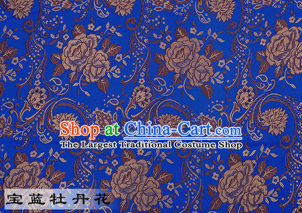 Chinese Traditional Deep Blue Satin Classical Peony Pattern Design Brocade Fabric Tang Suit Material Drapery