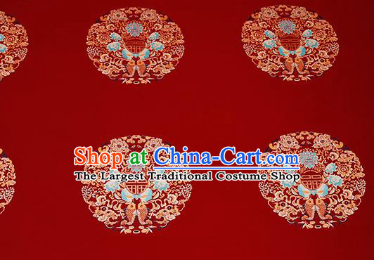 Top Grade Double Fishes Pattern Red Brocade Chinese Traditional Garment Fabric Cushion Satin Material Drapery