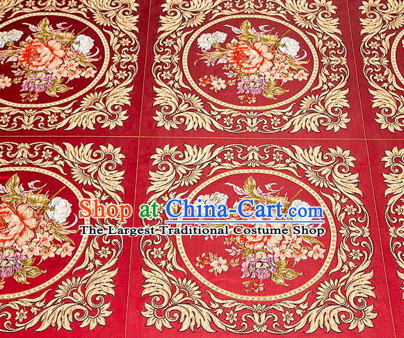 Top Grade Classical Peony Flowers Pattern Red Brocade Chinese Traditional Garment Fabric Cushion Satin Material Drapery