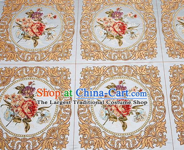 Top Grade Classical Peony Flowers Pattern Blue Brocade Chinese Traditional Garment Fabric Cushion Satin Material Drapery