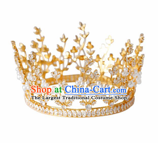 Top Grade Handmade Bride Pearls Golden Royal Crown Hair Accessories for Women
