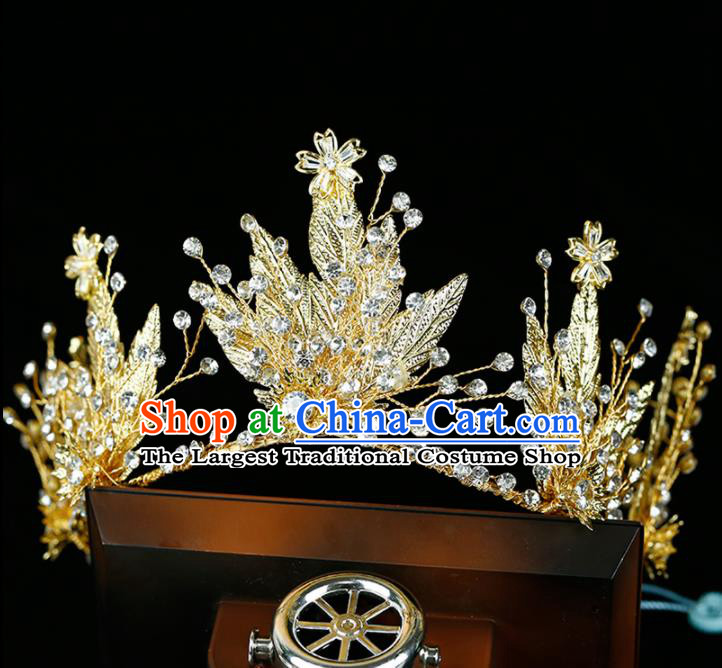 Top Grade Handmade Bride Golden Leaf Royal Crown Baroque Princess Hair Accessories for Women