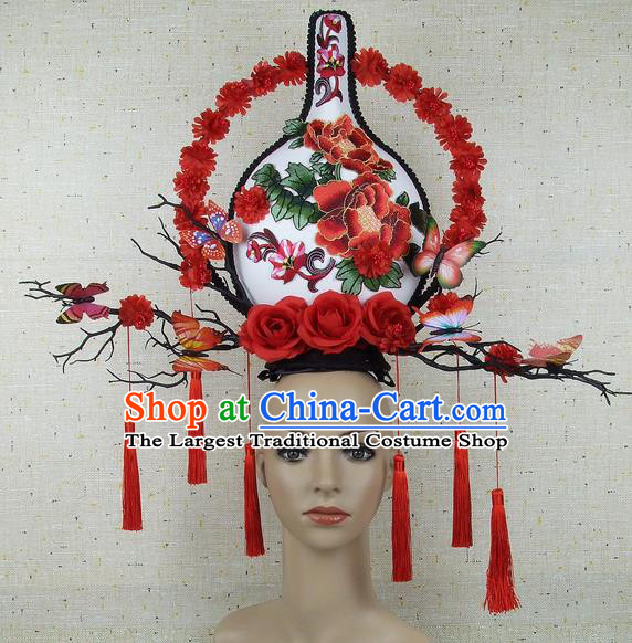 Top Grade Chinese Handmade Lace Headdress Traditional Red Flowers Vase Hair Accessories for Women