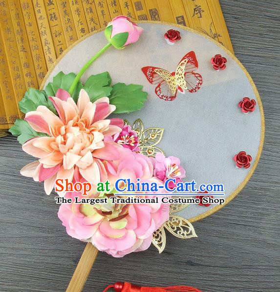 Chinese Traditional Wedding Pink Lotus Round Fans Ancient Bride Handmade Palace Fans for Women