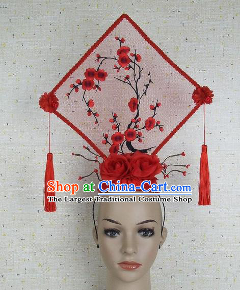 Top Grade Chinese Handmade Red Embroidered Plum Blossom Square Headdress Traditional Hair Accessories for Women