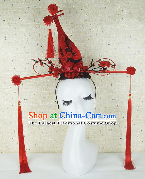Top Grade Chinese Handmade Red Lute Hair Clasp Headdress Traditional Hair Accessories for Women