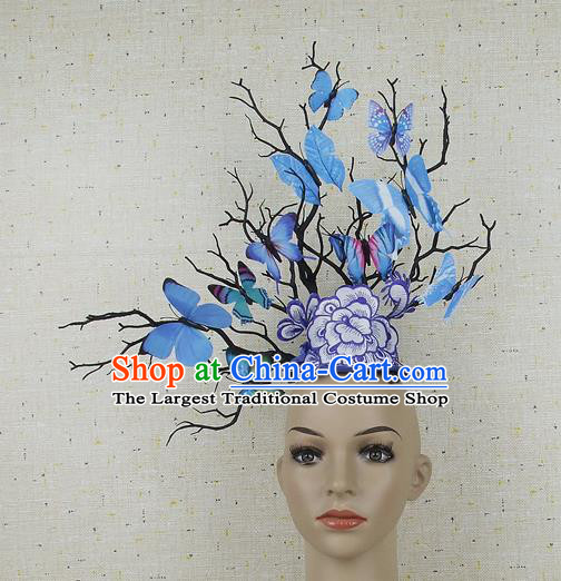 Top Grade Chinese Handmade Blue Butterfly Headdress Traditional Hair Accessories for Women