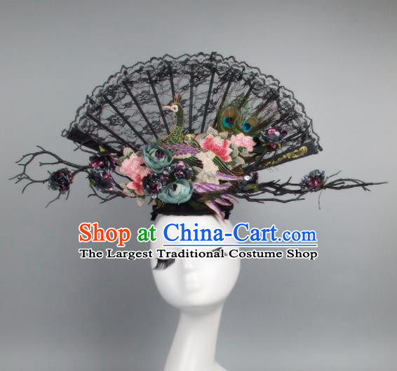 Top Grade Handmade Chinese Black Lace Peacock Palace Hair Clasp Traditional Hair Accessories Headdress for Women