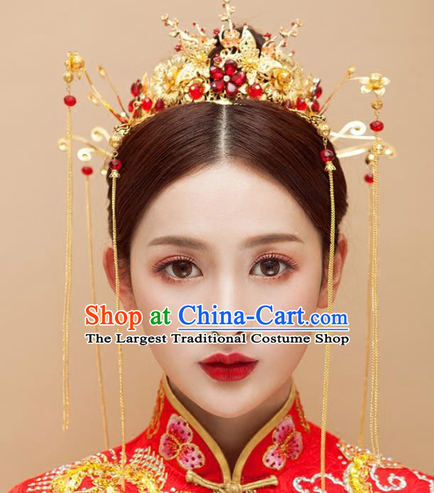 Chinese Traditional Wedding Red Flowers Phoenix Coronet Ancient Bride Handmade Hair Accessories for Women
