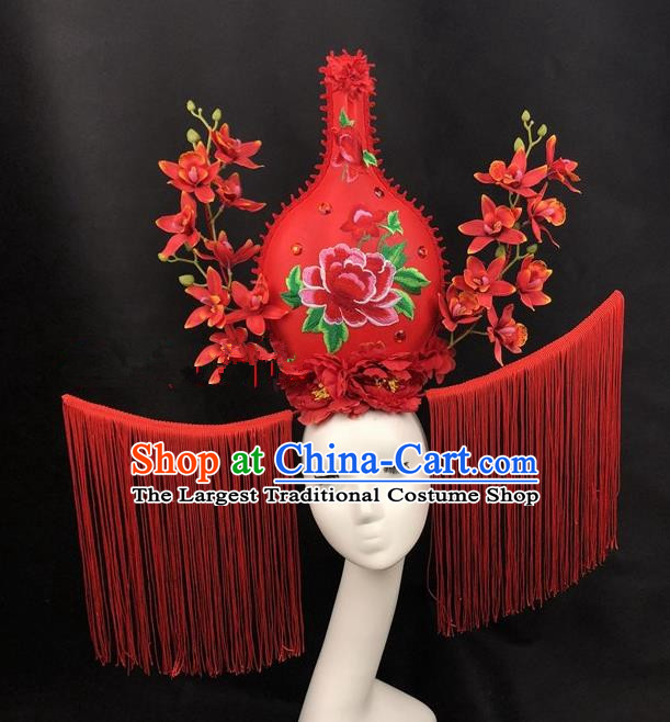 Chinese Traditional Palace Exaggerated Headdress Catwalks Red Flowers Hair Accessories for Women