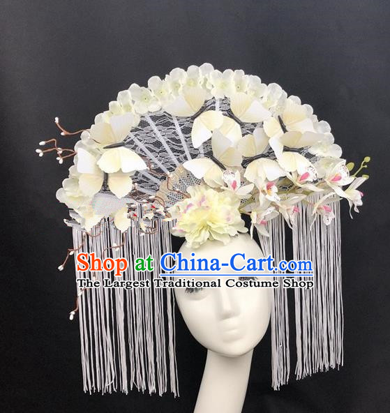 Chinese Traditional Palace Exaggerated Headdress Catwalks White Lace Butterfly Hair Accessories for Women