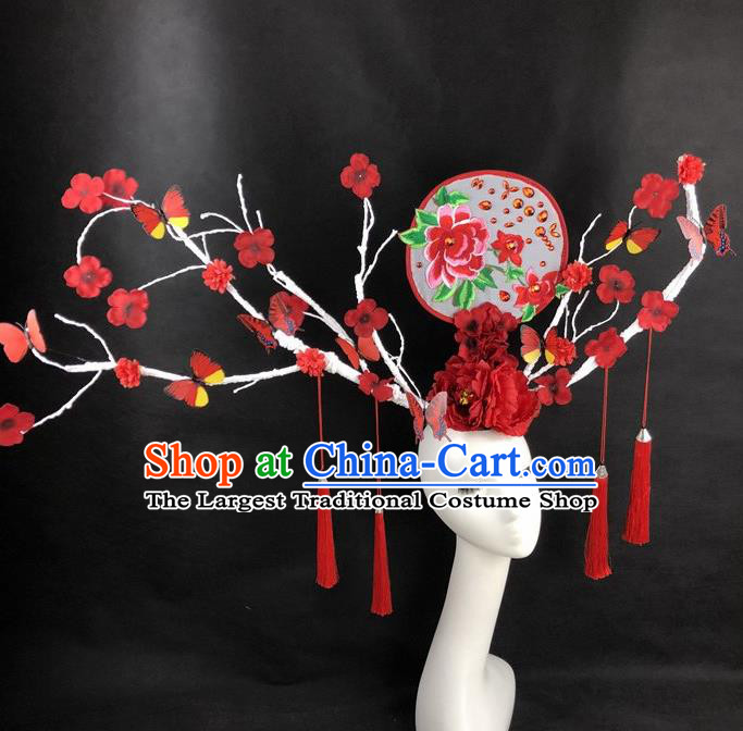 Chinese Traditional Palace Exaggerated Headdress Catwalks Red Flowers Branch Hair Accessories for Women