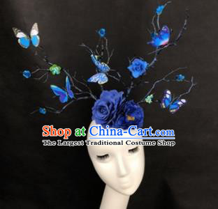 Top Grade Catwalks Hair Accessories Halloween Brazilian Carnival Blue Flowers Butterfly Headdress for Kids