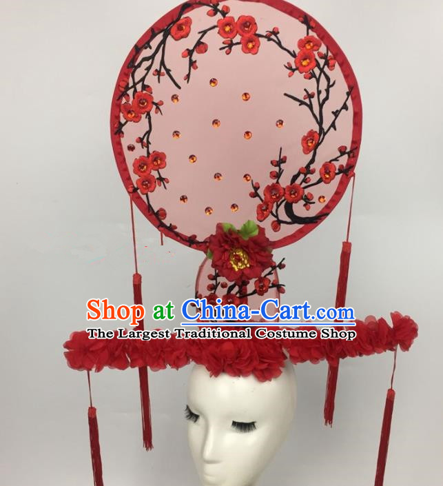 Chinese Traditional Palace Exaggerated Headdress Embroidered Red Plum Blossom Catwalks Hair Accessories for Women