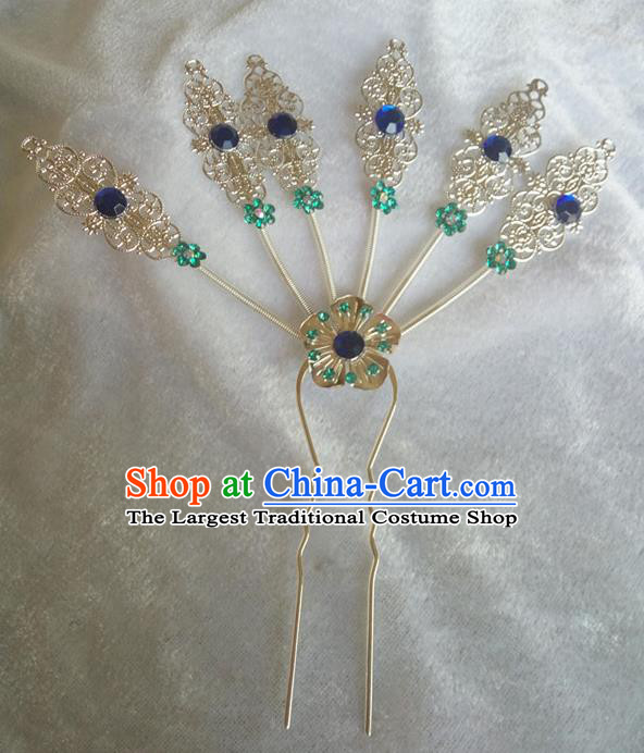 Chinese Ethnic Dai Nationality Hair Accessories Traditional Royalblue Crystal Hairpins for Women