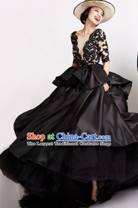 Top Grade Catwalks Costume Black Satin Trailing Full Dress for Women