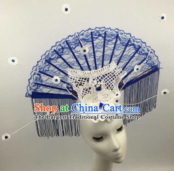 Chinese Traditional Exaggerated Palace Headdress Catwalks Blue Lace Hair Accessories for Women