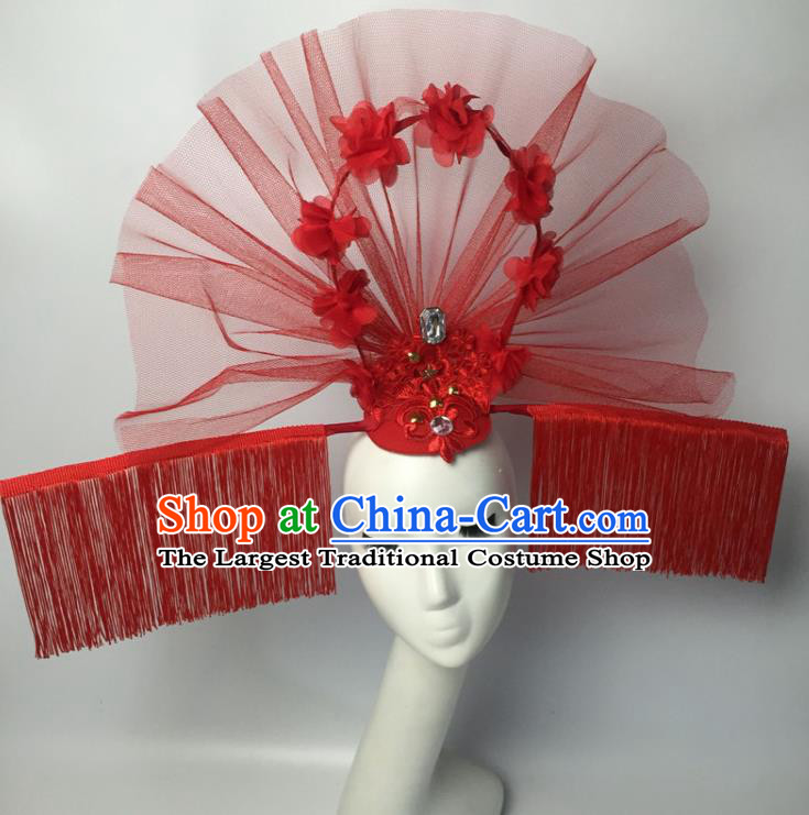 Chinese Traditional Catwalks Exaggerated Headdress Palace Red Veil Hair Accessories for Women