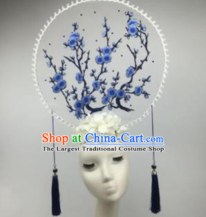 Chinese Traditional Catwalks Embroidered Blue Wintersweet Headdress Palace Exaggerated Hair Accessories for Women