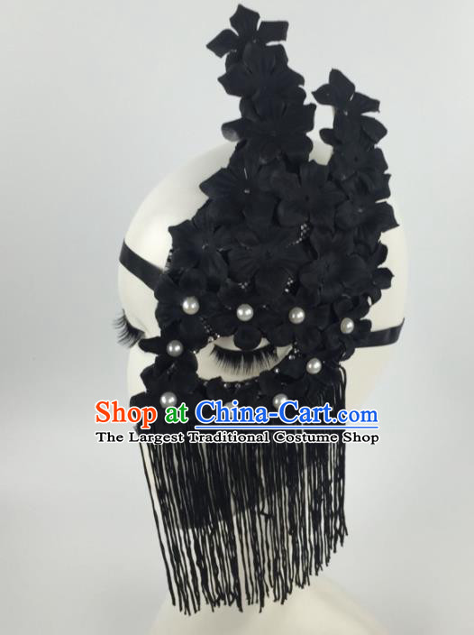 Halloween Exaggerated Accessories Catwalks Black Flowers Tassel Masks for Women
