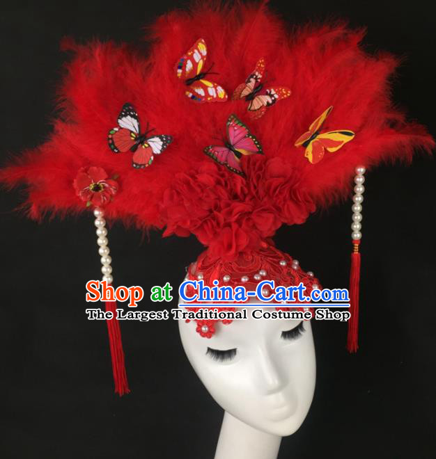 Top Grade Halloween Catwalks Hair Accessories Brazilian Carnival Red Feather Lace Headdress for Women