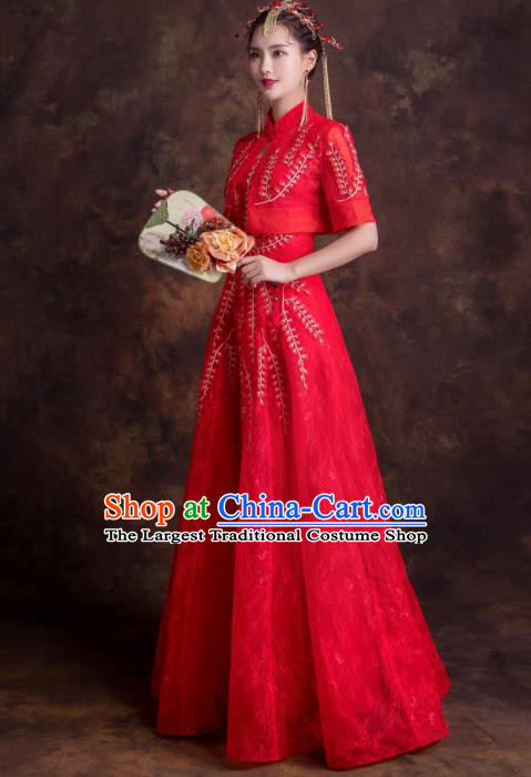 Chinese Traditional Bride Embroidered Xiuhe Suits Ancient Red Wedding Dress for Women
