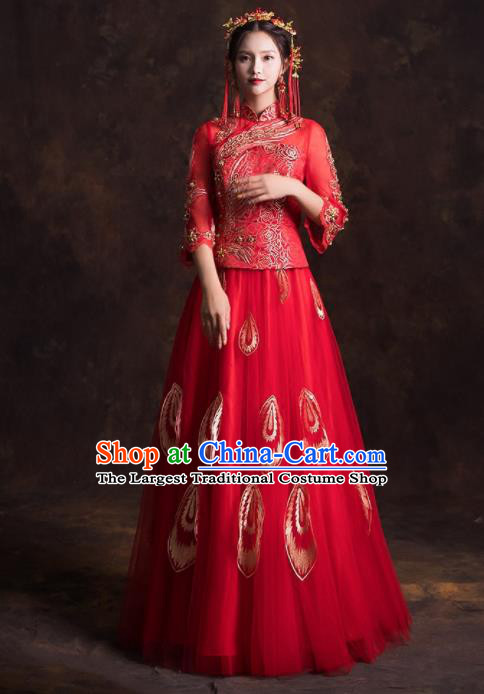 Chinese Traditional Embroidered Red Xiuhe Suits Ancient Wedding Dress for Women
