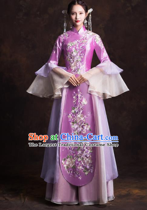 Chinese Traditional Purple Xiuhe Suits Ancient Bride Embroidered Wedding Dress for Women