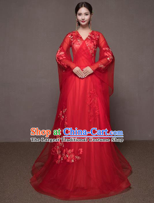 Chinese Traditional Embroidered Wedding Costumes Ancient Bride Red Veil Dress for Women