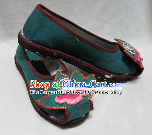 Asian Chinese Traditional Hanfu Shoes Green Lotus Canvas Shoes Embroidered Shoes for Women
