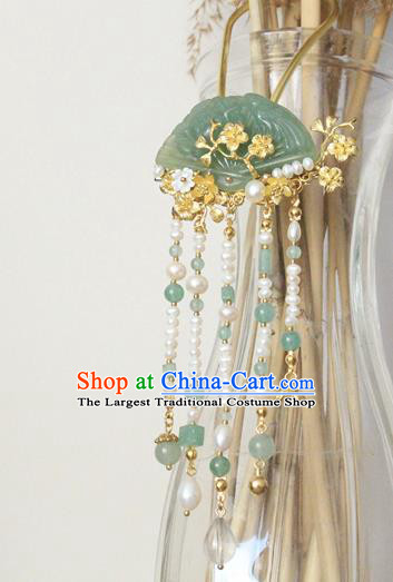 Asian Chinese Traditional Hanfu Pearls Tassel Hair Clip Ancient Palace Jade Hairpins for Women