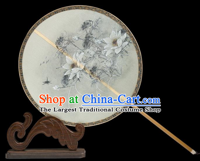 Traditional Chinese Crafts Palace Fans Printing White Lotus Round Fans Ancient Silk Fan for Women