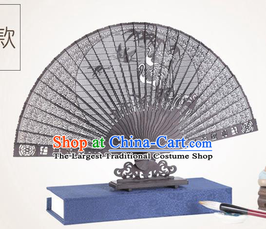 Chinese Traditional Crafts Sandalwood Folding Fans Pierced Cranes Fans Accordion Fan