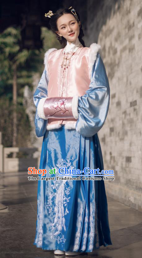 Chinese Ancient Ming Dynasty Princess Winter Costumes Traditional Embroidered Hanfu Dress for Women