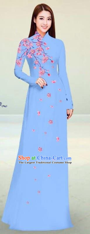Asian Vietnam Traditional Blue Cheongsam Vietnamese Classical Ao Dai Qipao Dress for Women