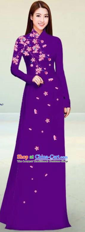 Asian Vietnam Traditional Purple Cheongsam Vietnamese Classical Ao Dai Qipao Dress for Women