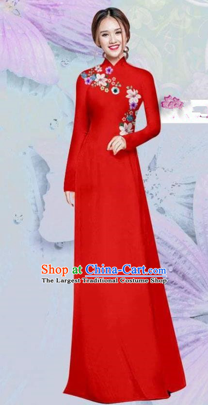Asian Vietnam Traditional Cheongsam Vietnamese Classical Red Ao Dai Qipao Dress for Women
