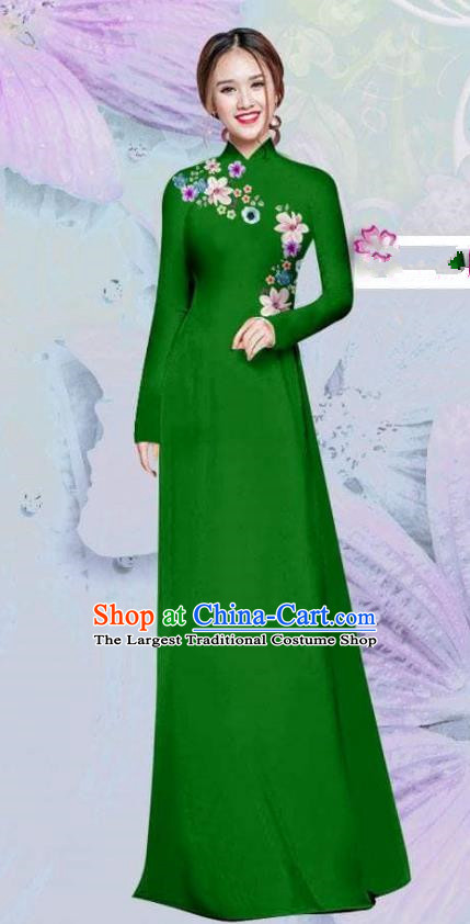 Asian Vietnam Traditional Cheongsam Vietnamese Classical Green Ao Dai Qipao Dress for Women