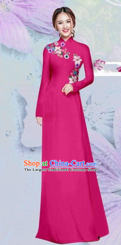 Asian Vietnam Traditional Cheongsam Vietnamese Classical Rosy Ao Dai Qipao Dress for Women