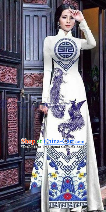 Asian Vietnam Traditional Printing Phoenix White Cheongsam Vietnamese Ao Dai Qipao Dress for Women